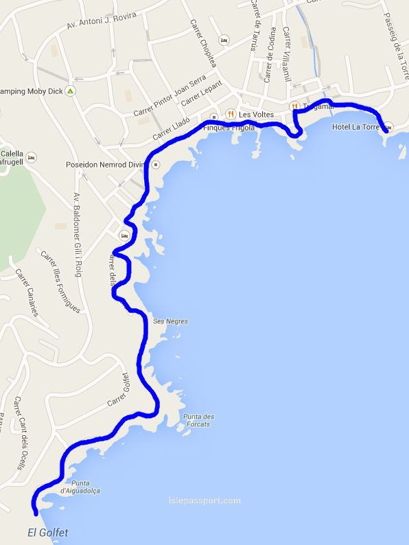Map showing a localized section of the Cami de Ronda walking route along the coast of Calella de Palafrugell.