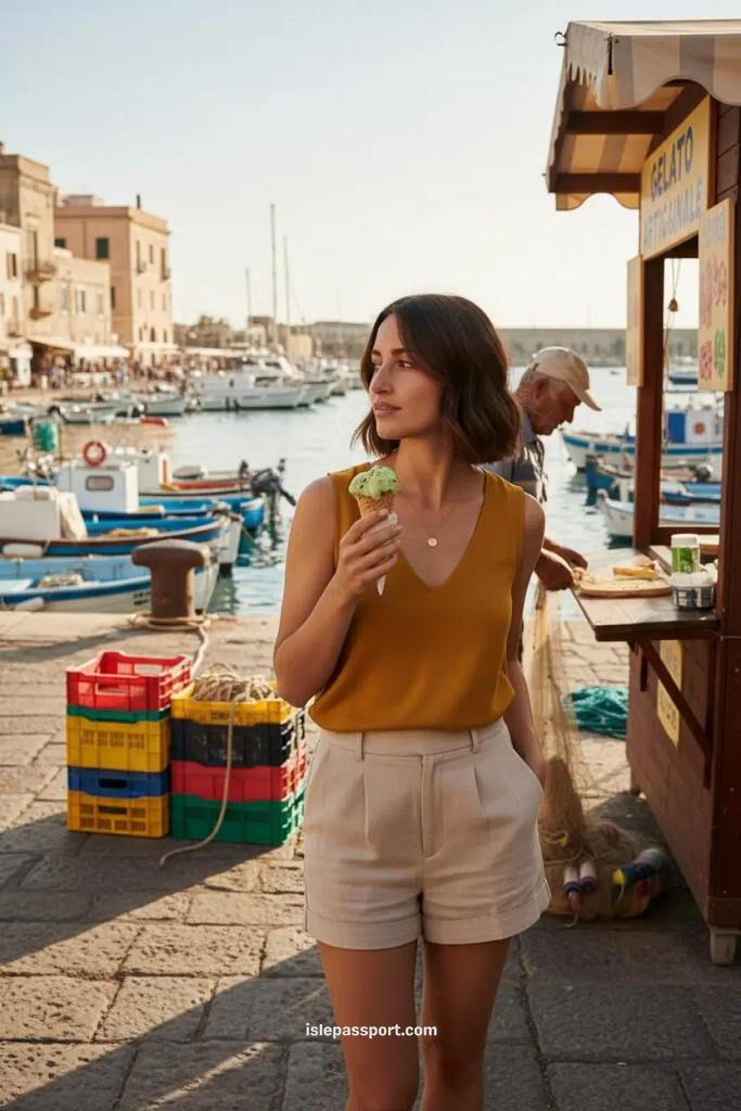 traveler looking at colorful fishing boats in Anzio Italy with historic pastel buildings at the harbor