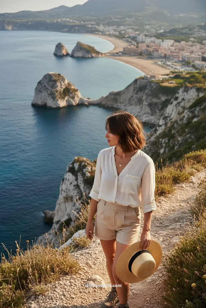 traveler walking on cliff path above Serapo Beach in Gaeta Italy holding a hat