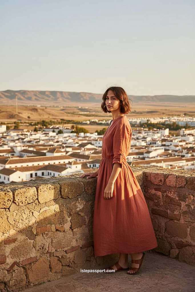 Woman enjoying Alcazaba fortress view in Almería city at sunset