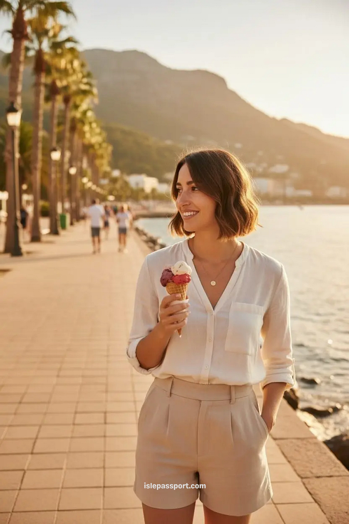 Traveler holding a gelato and gazing at the sea along Almuñécar’s palm-lined promenade on Spain’s Costa Tropical.