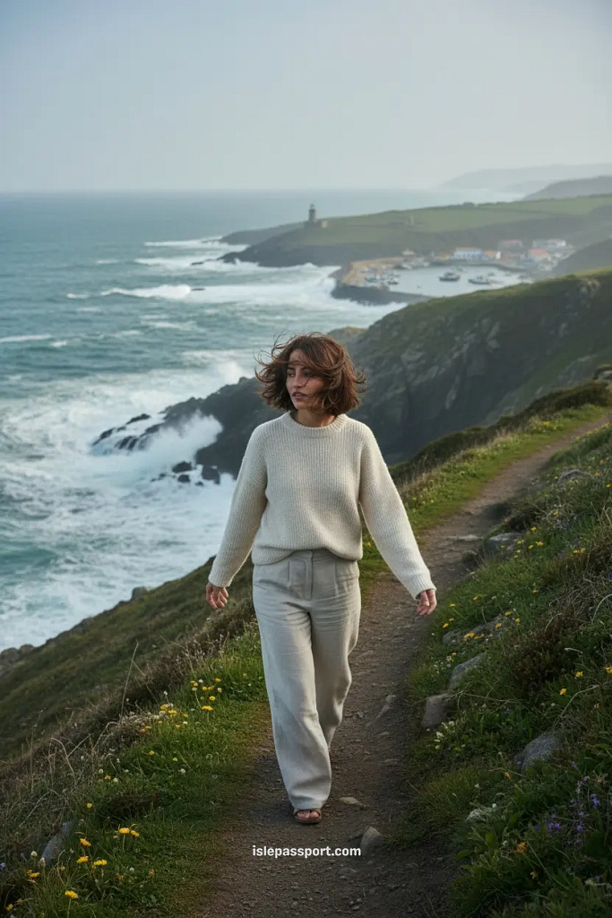 Woman walking along a windy cliff path above the Cantabrian Sea on the northern Spain coastline with a lighthouse in the distance.