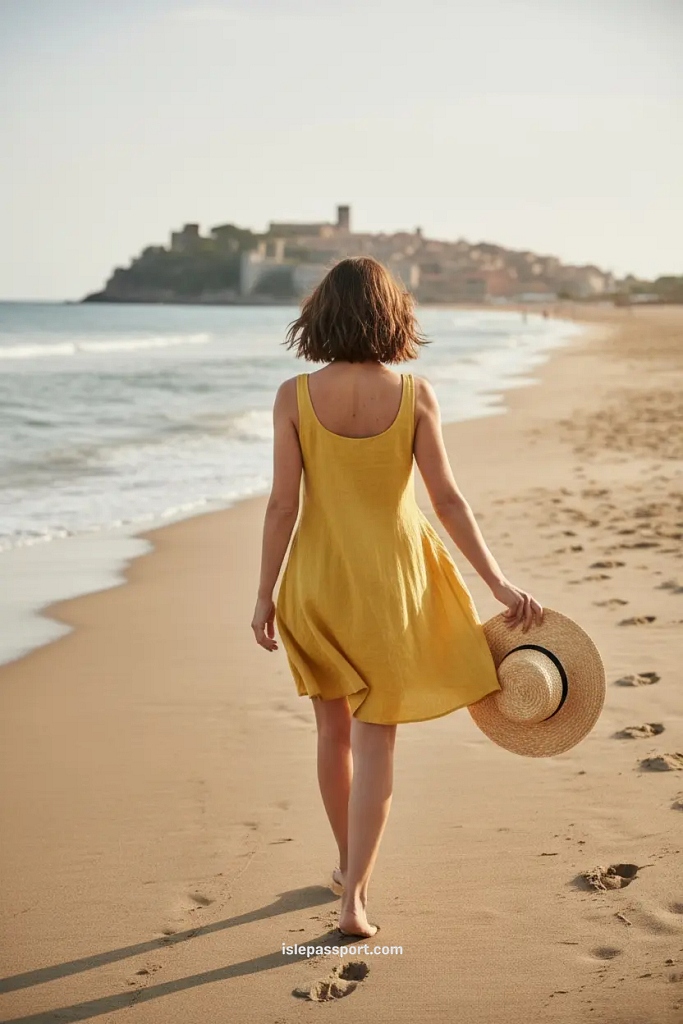 Traveler walking on Castiglione della Pescaia beach with town in background