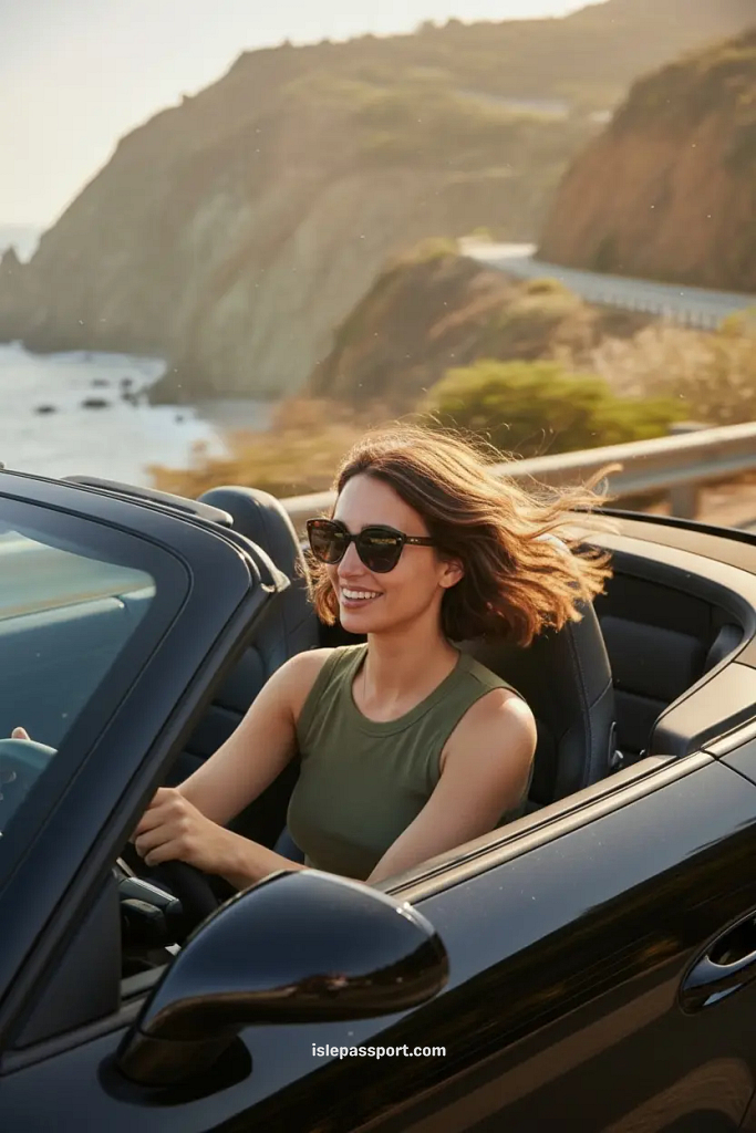 Traveler driving along the Spanish coast at sunset with hair blowing in the wind, during a golden-hour road trip.