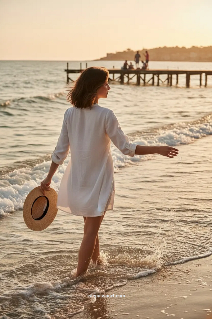 traveler watching a Mediterranean coastal sunset with soft pastel sky and calm sea