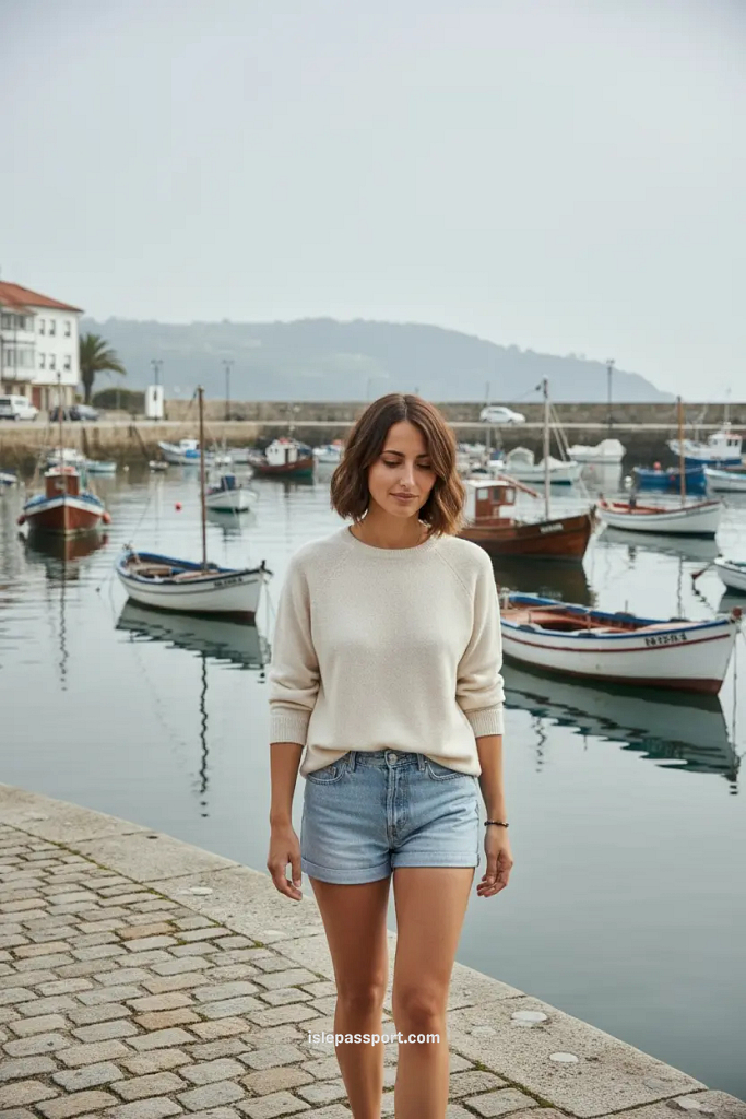 Traveler walking along the harbor in Laxe, Galicia, Spain, with fishing boats and calm sea reflections.