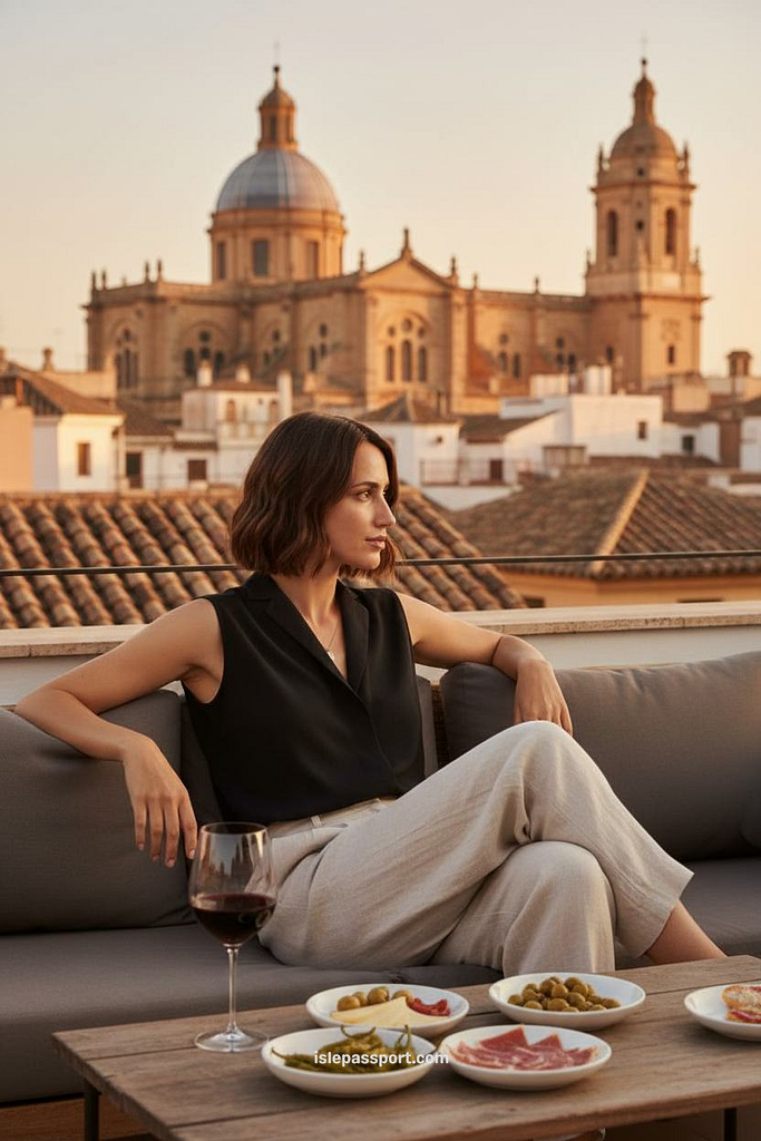 Woman enjoying tapas on a Málaga rooftop terrace at sunset with city view
