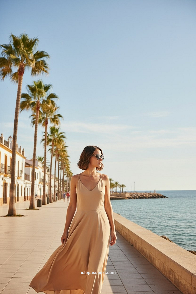 woman standing on a sunlit promenade in Almería, Spain, lined with palm trees and old white houses.