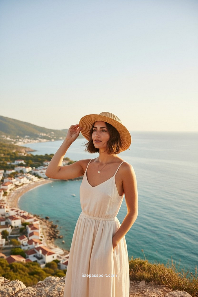 woman during one of her coastal escapes, standing on a coastal cliff overlooking turquoise water and small seaside villages below.
