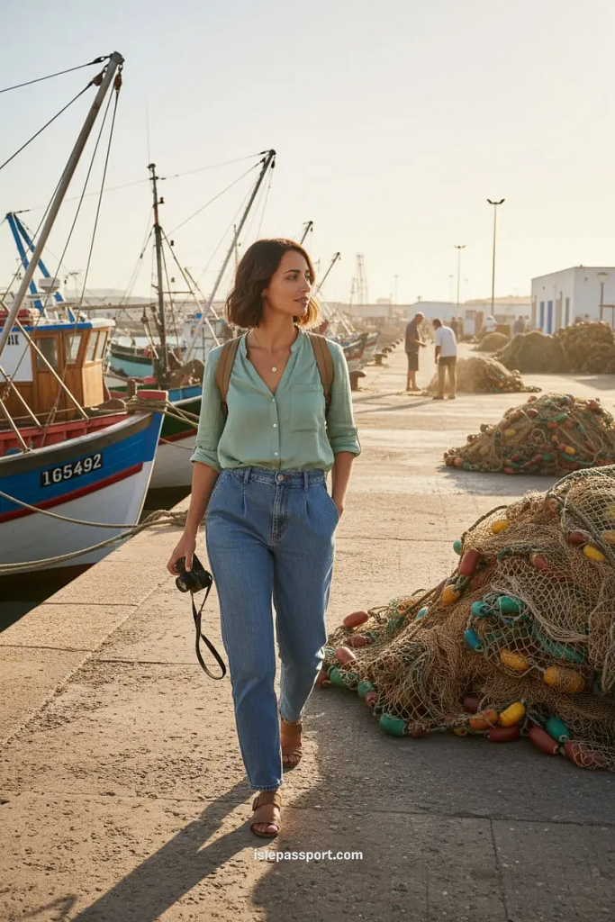 Traveler walking along the fishing port of Barbate, Cádiz, Spain, near tuna boats and drying nets.