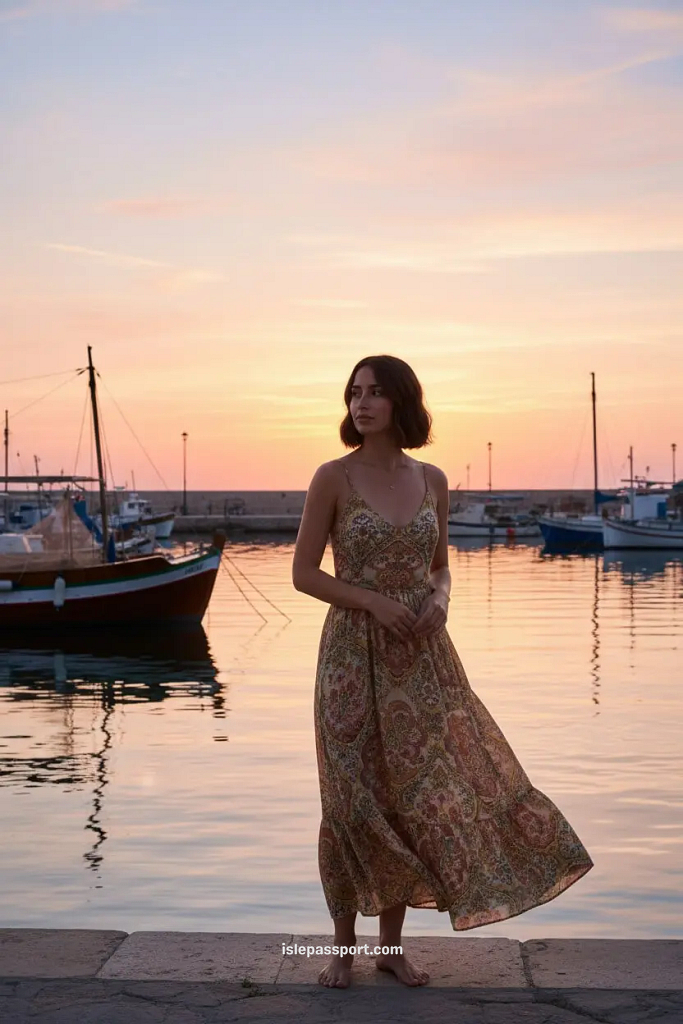 Silhouette of a traveler standing by a peaceful Spanish harbor at sunset with fishing boats on calm water.