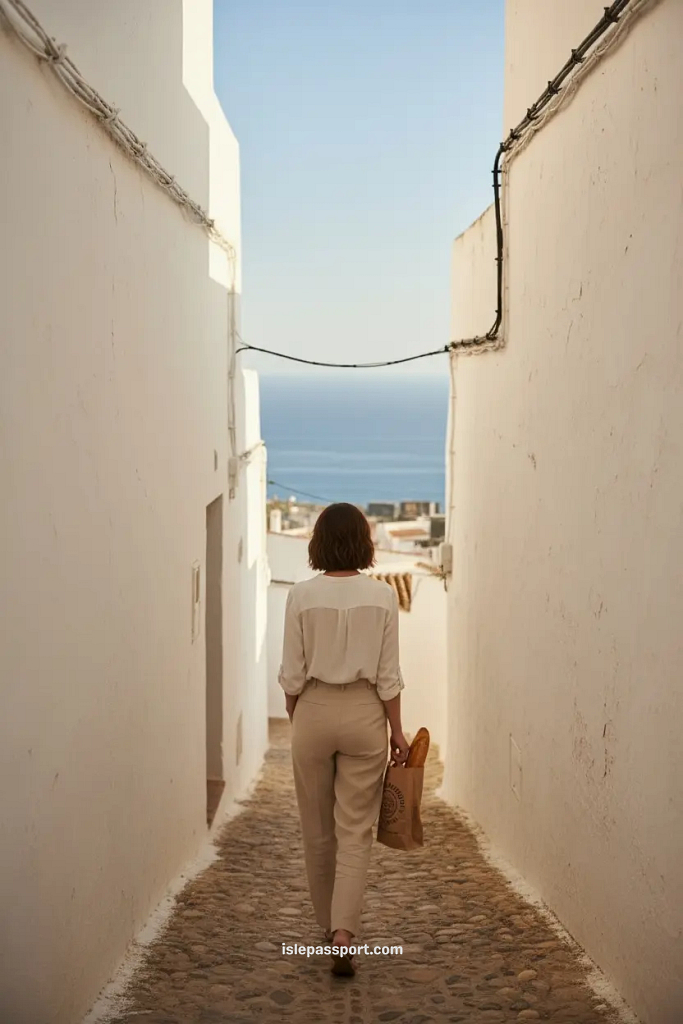 Traveler walking through white alleys in Mojácar Pueblo with fresh bread and sea view below, Almería, Spain.