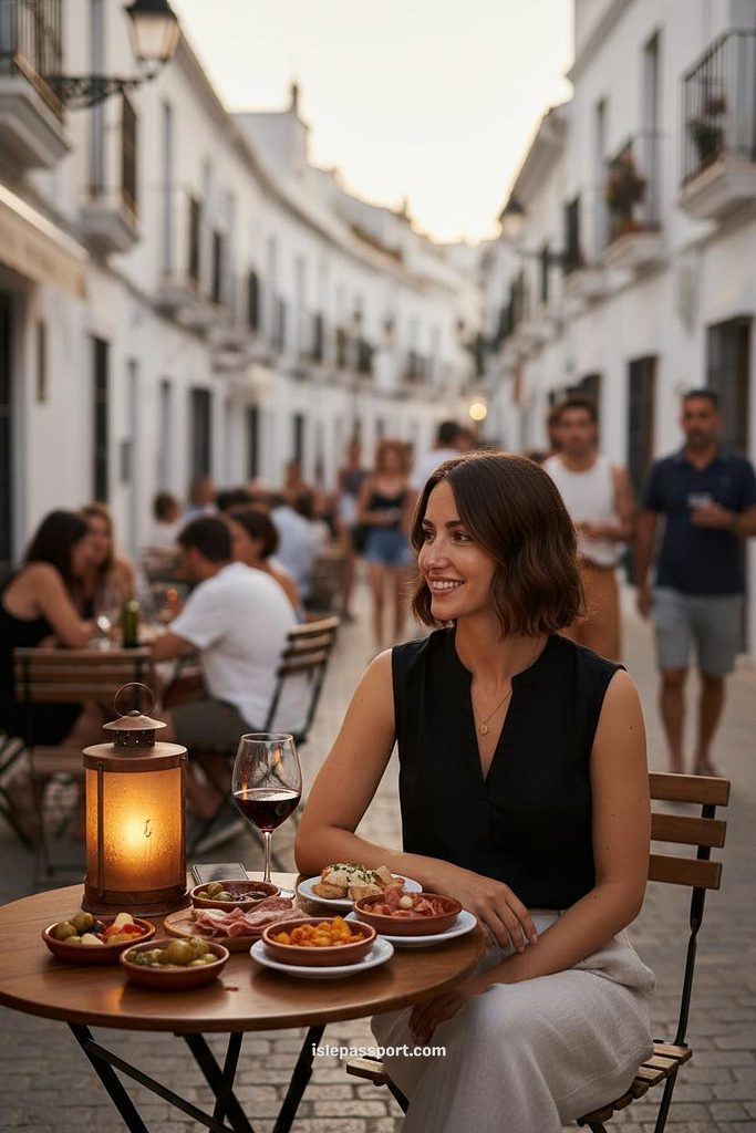 Woman enjoying tapas evening in Mojácar Spain old town streets