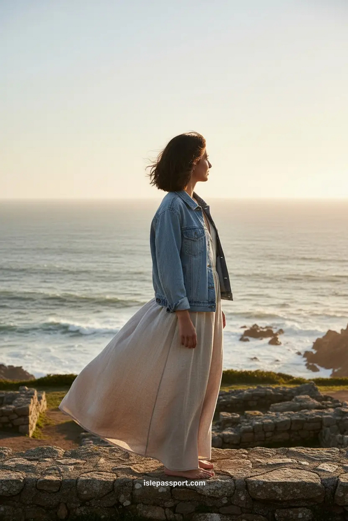 Woman standing on Monte Santa Trega in Galicia, overlooking the coastline,