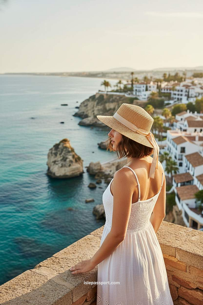 Woman standing on Nerja cliff balcony overlooking turquoise Mediterranean coves on Costa del Sol
