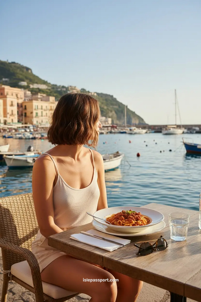 traveler eating pasta lunch overlooking the harbor in Pozzuoli Italy
