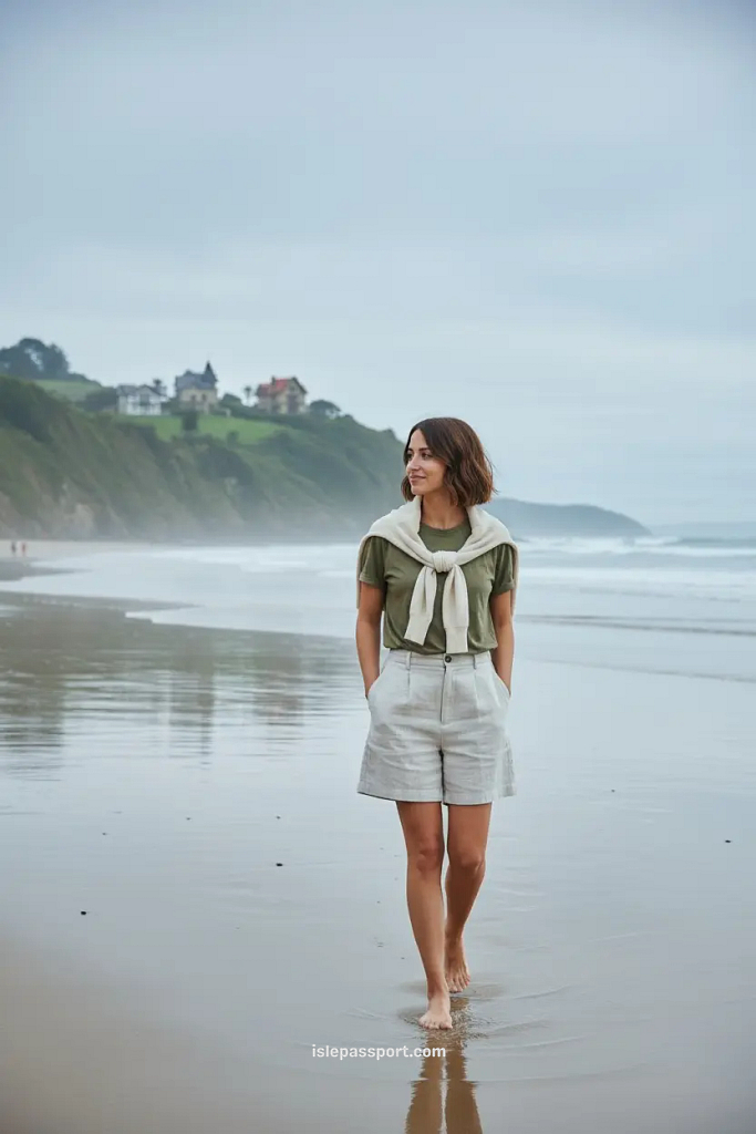 Traveler walking barefoot on Santa Marina Beach in Ribadesella, Asturias, with misty green cliffs in the background.