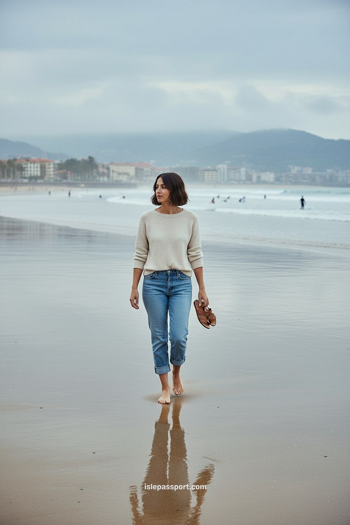 A woman walking barefoot on the wet sand of La Concha Bay in San Sebastián after the rain, with surfers in the distance, highlighting the safety and tranquility of the best coastal cities in Spain.