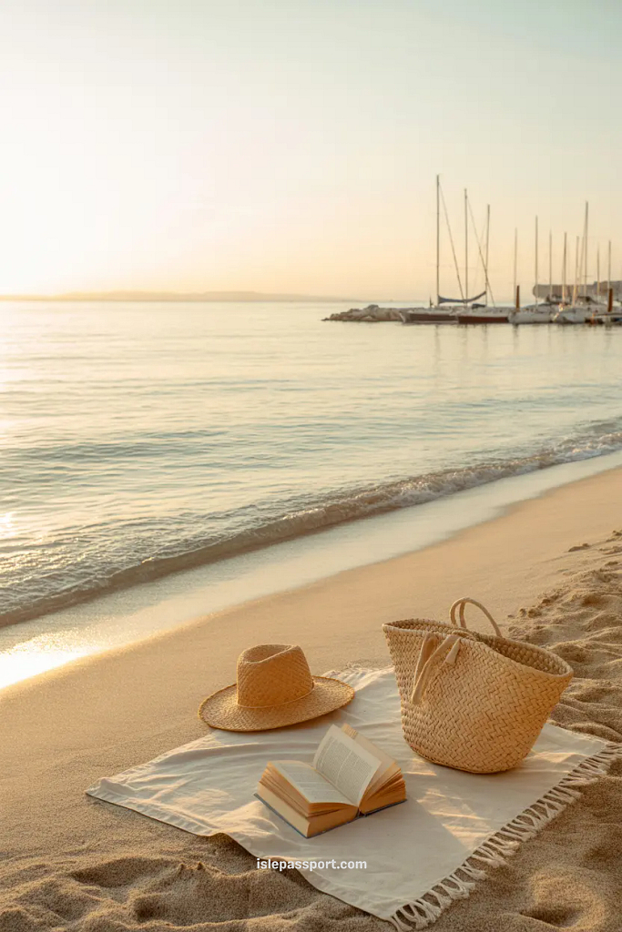 San Vincenzo beach and marina at golden hour with sandy shoreline and calm waves