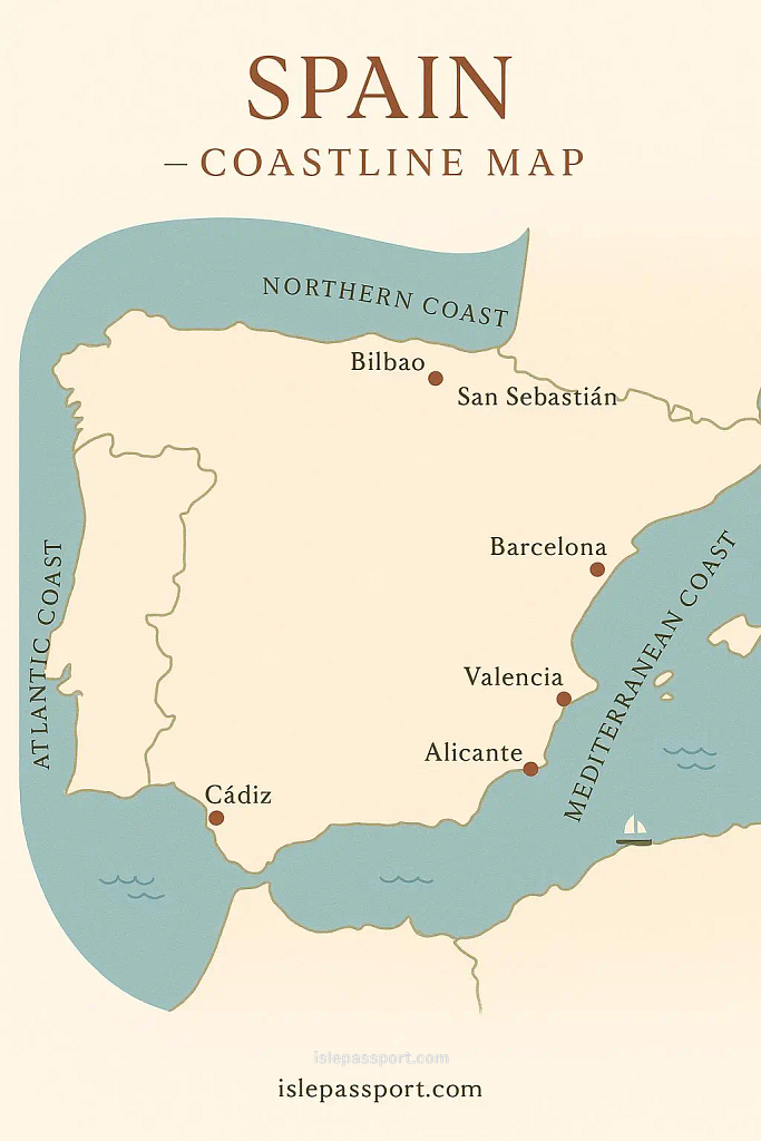 Illustrated map showing Spain’s Mediterranean, Atlantic, and Northern coastal regions.