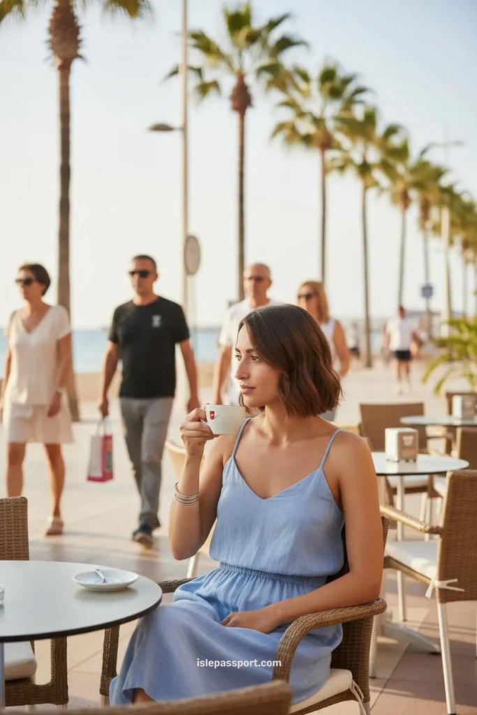 Traveler drinking coffee at an outdoor café on Torrevieja’s palm-lined promenade in Alicante, Spain.