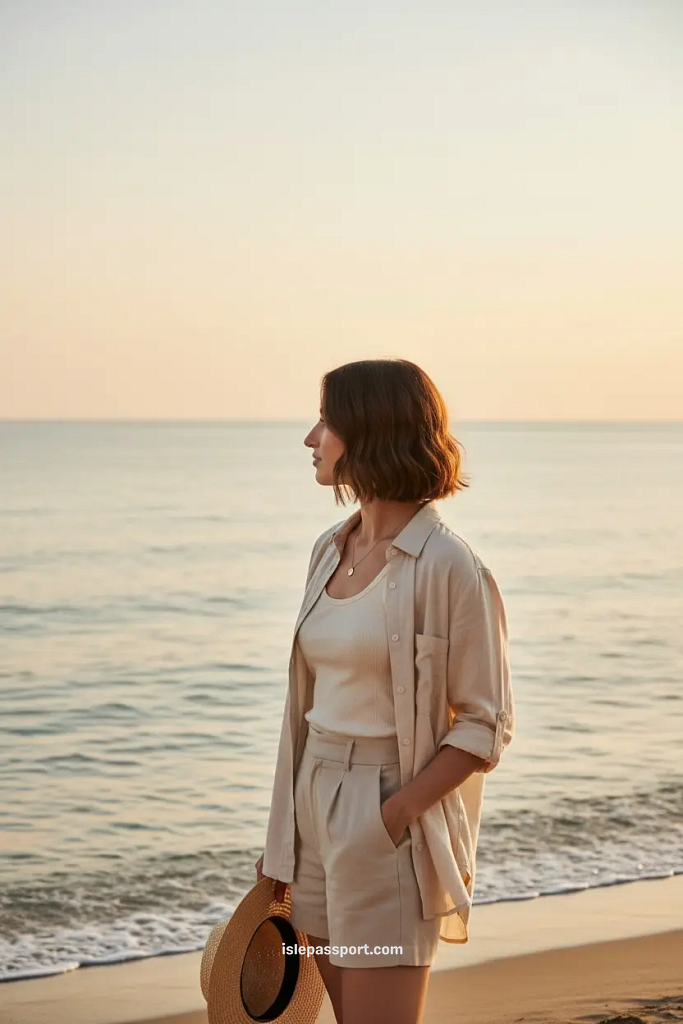 traveler standing at a Tuscany beach at sunset looking toward the sea