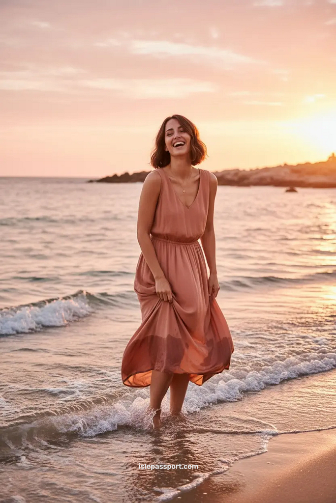 Traveler standing by the water’s edge at sunset on Zahara de los Atunes beach in Cádiz, Spain.