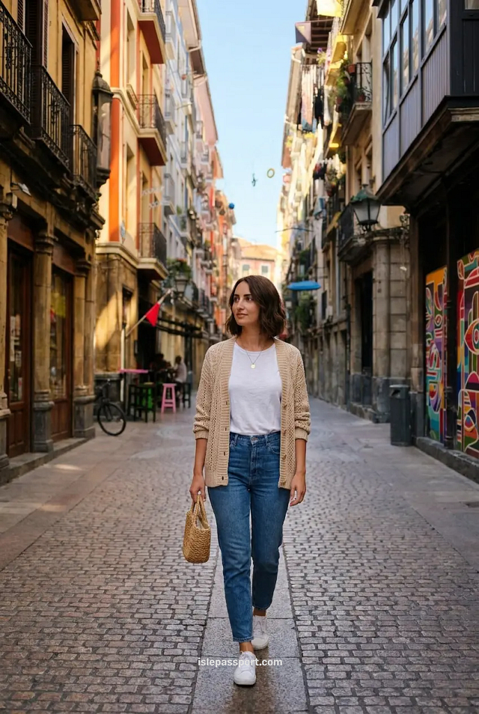 Woman walking through the cobblestone streets of Bilbao's Casco Viejo old town with colourful facades and street art