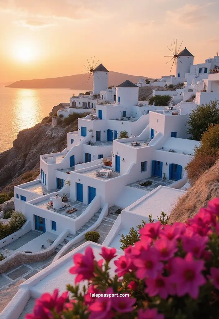 Mykonos windmills above white houses along the Cyclades coastline