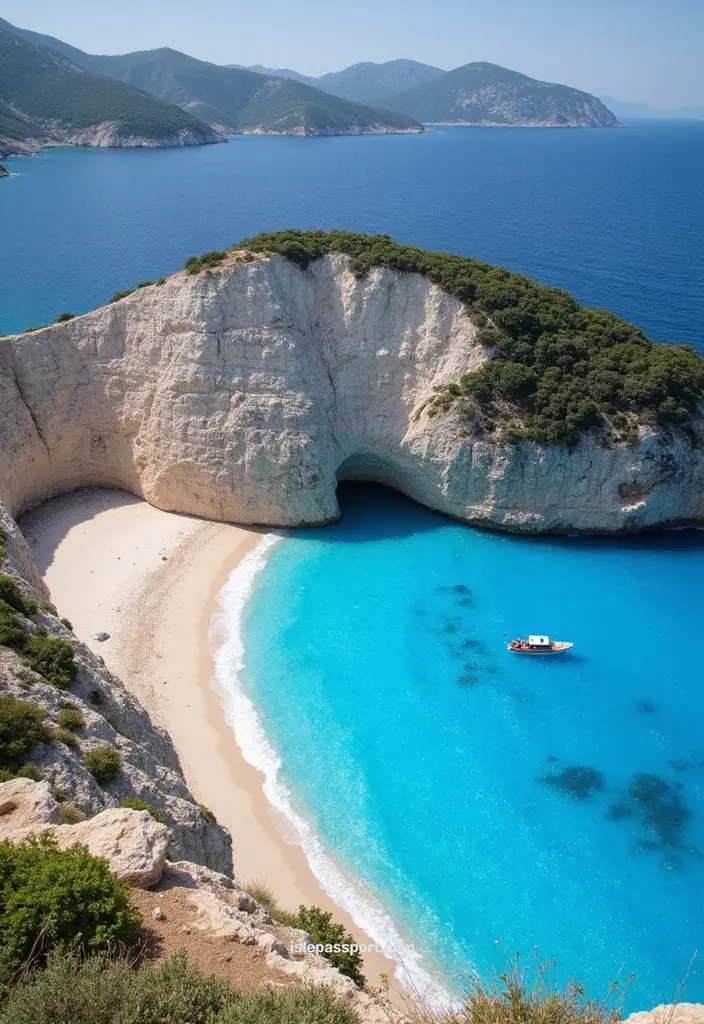 Navagio Beach cliffs and turquoise water in Zakynthos Greece