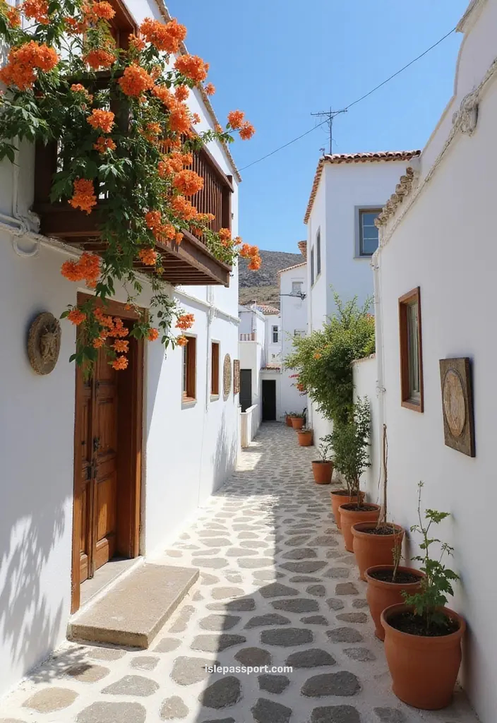 White village alley with flowers on Nisyros island Greece