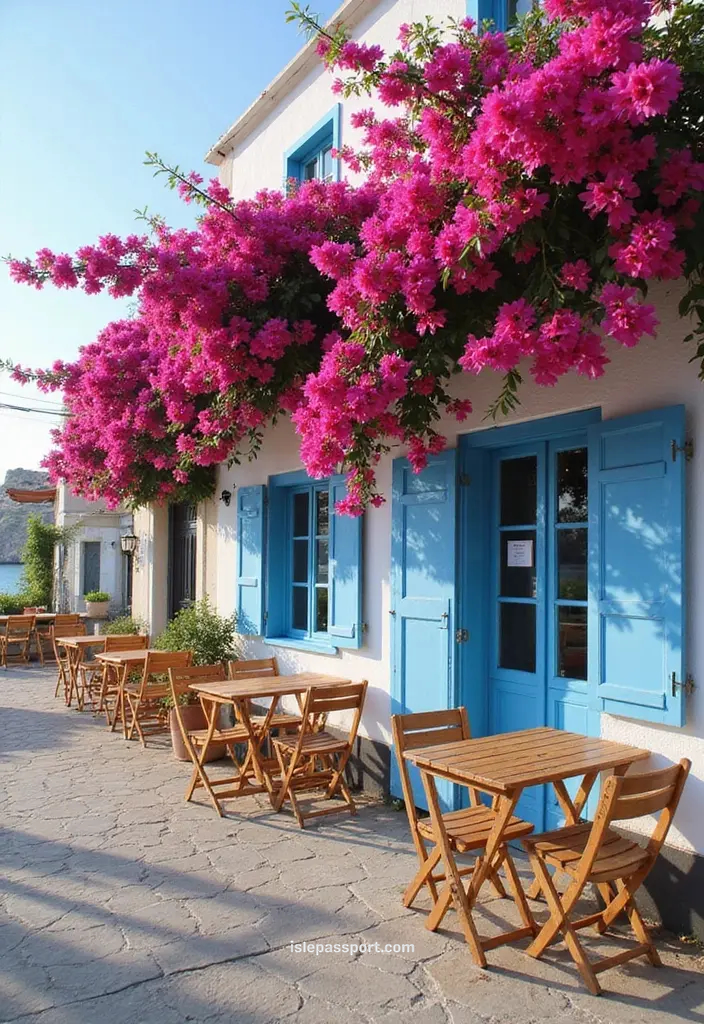 Seaside café with bougainvillea in Paxos village Greece