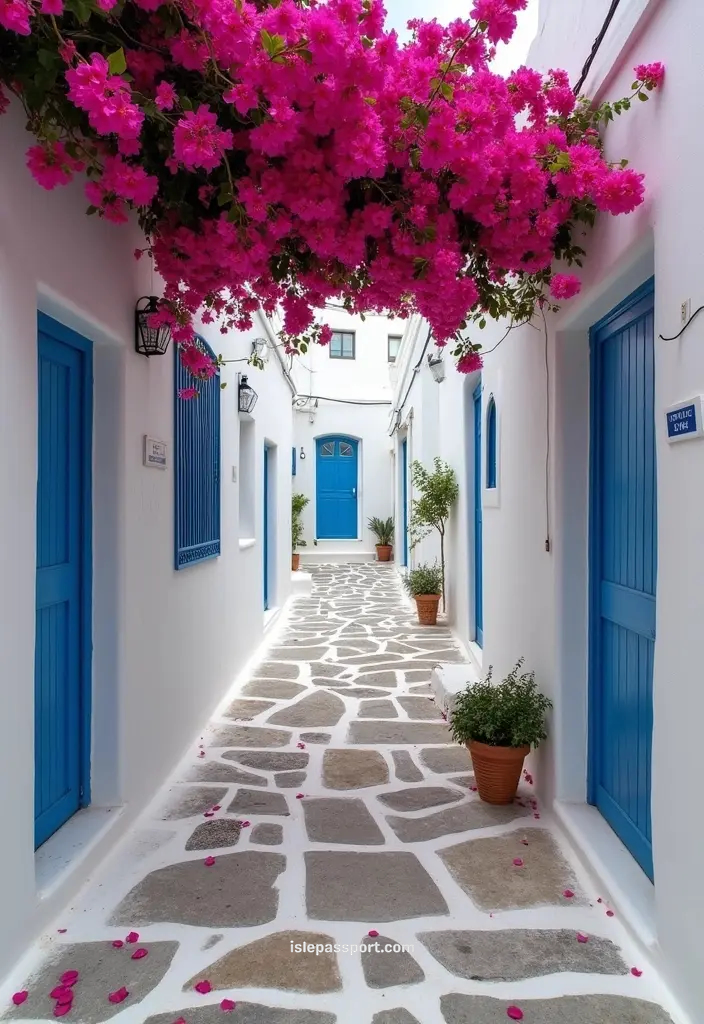 White stone street with bougainvillea in Naoussa Paros.