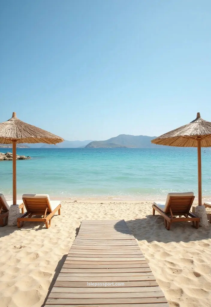 Sandy beach with straw umbrellas and turquoise water in Naxos.