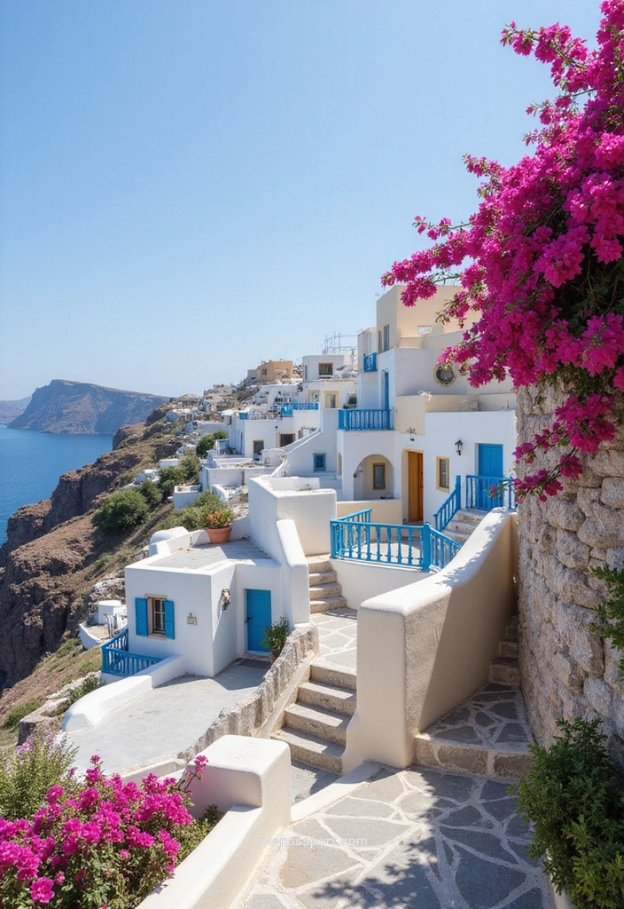 Whitewashed houses and pink bougainvillea in Oia Santorini village.
