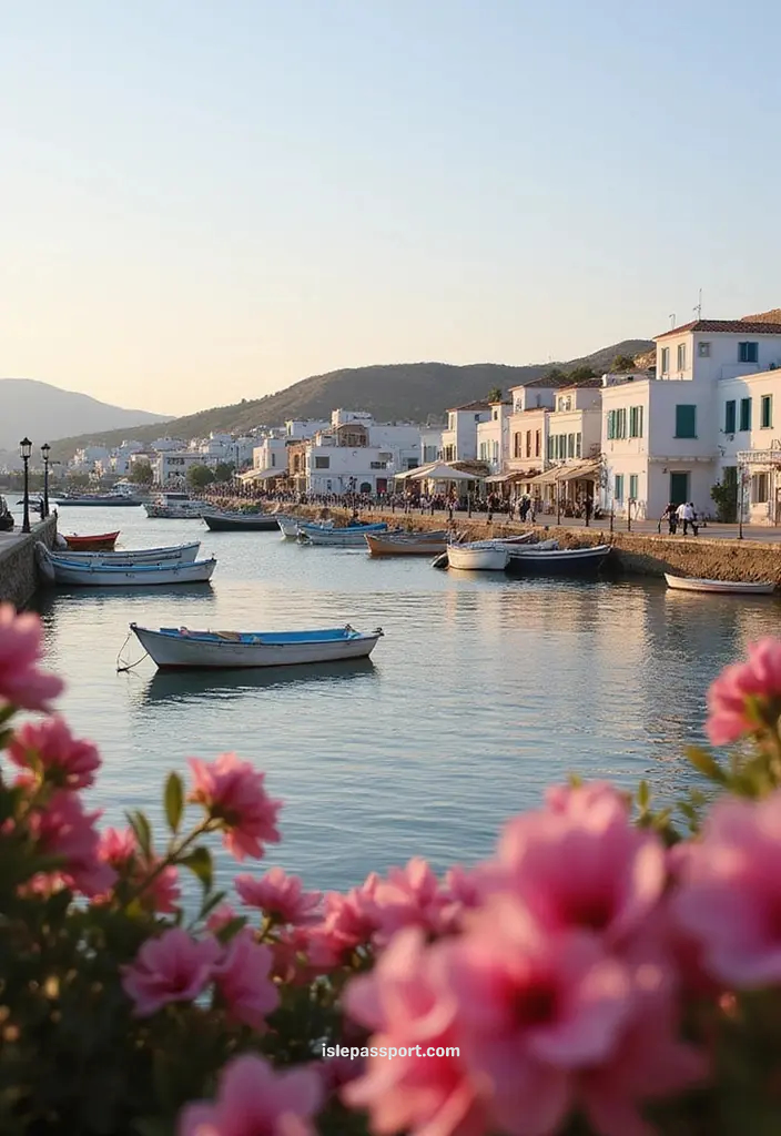 Small boats docked in Parikia harbor with pink flowers.