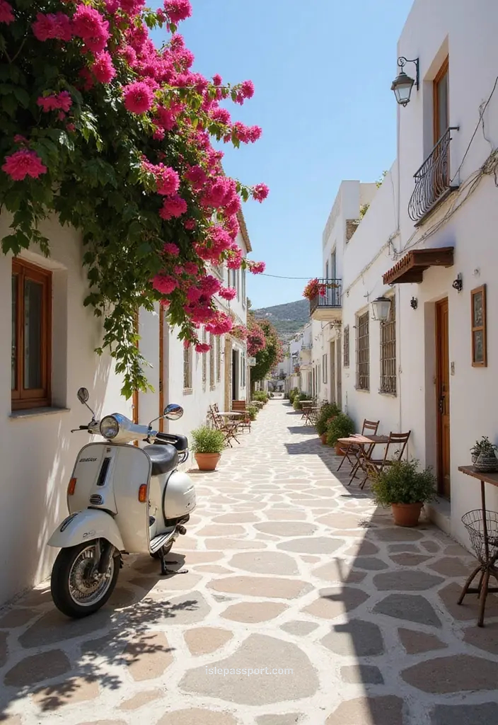 Vintage scooter parked in narrow white street on Paros.