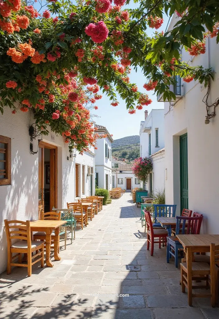 Outdoor taverna seating along white alley in Paros village.