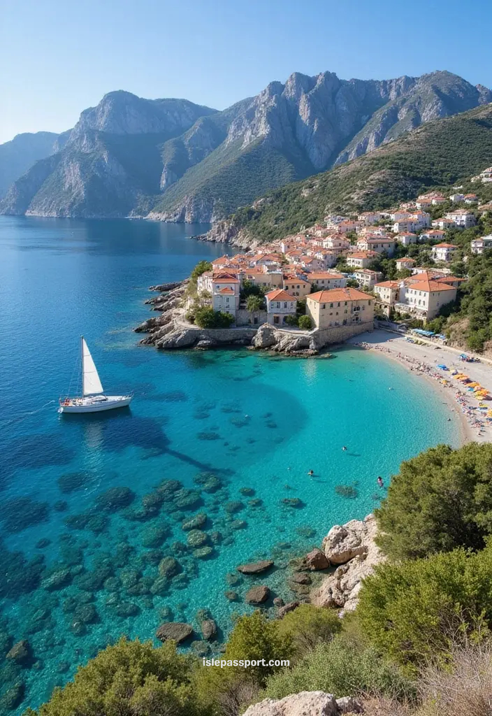 Turquoise bay and pastel waterfront houses in Assos Kefalonia.