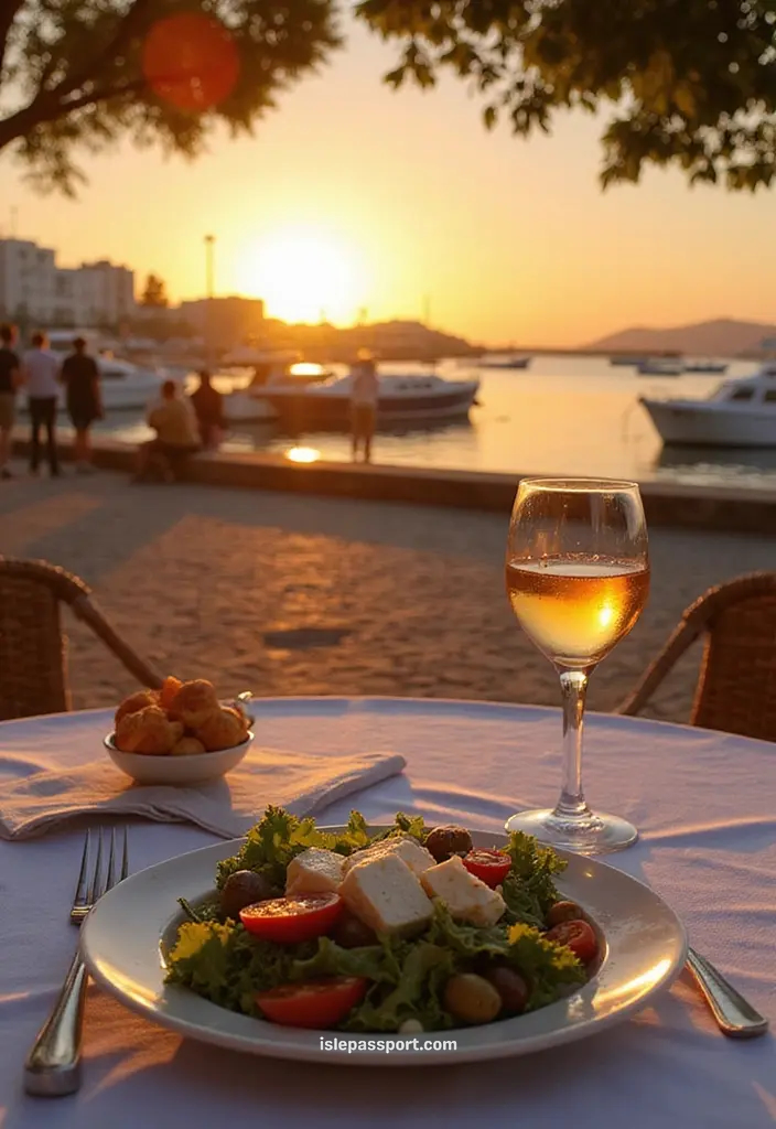 Greek salad and wine by the harbor in Chania, Crete, after a day of island hopping in Greece.