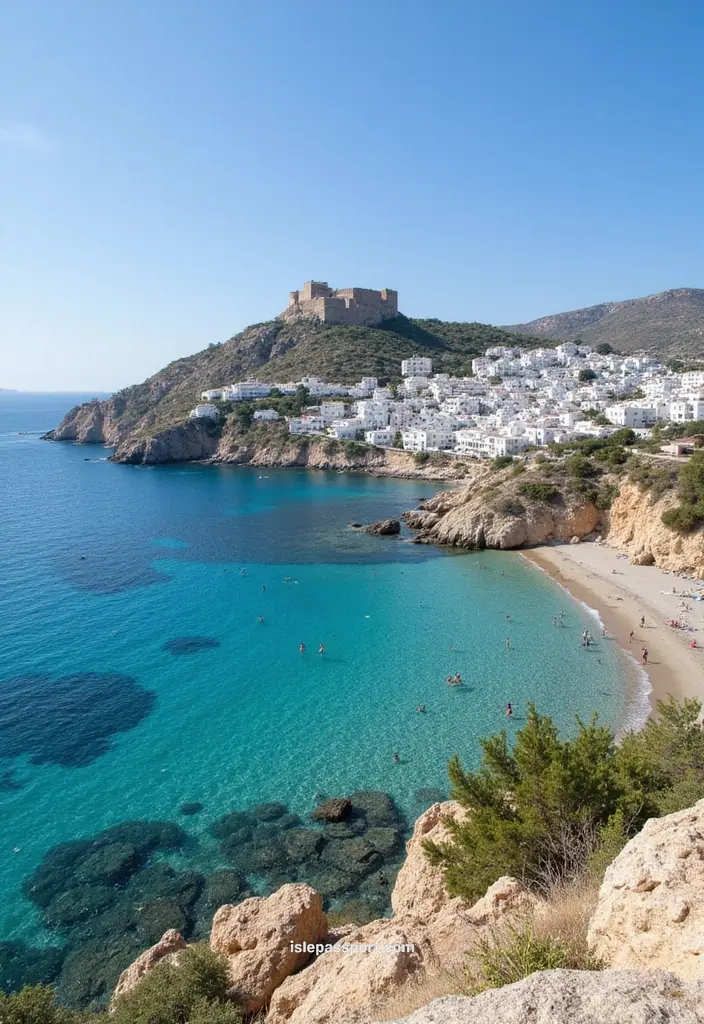 White Lindos village below Acropolis with turquoise bay and swimmers.