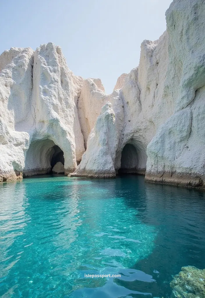 White rock sea caves and turquoise water in Milos, a highlight of Cyclades island hopping in Greece.