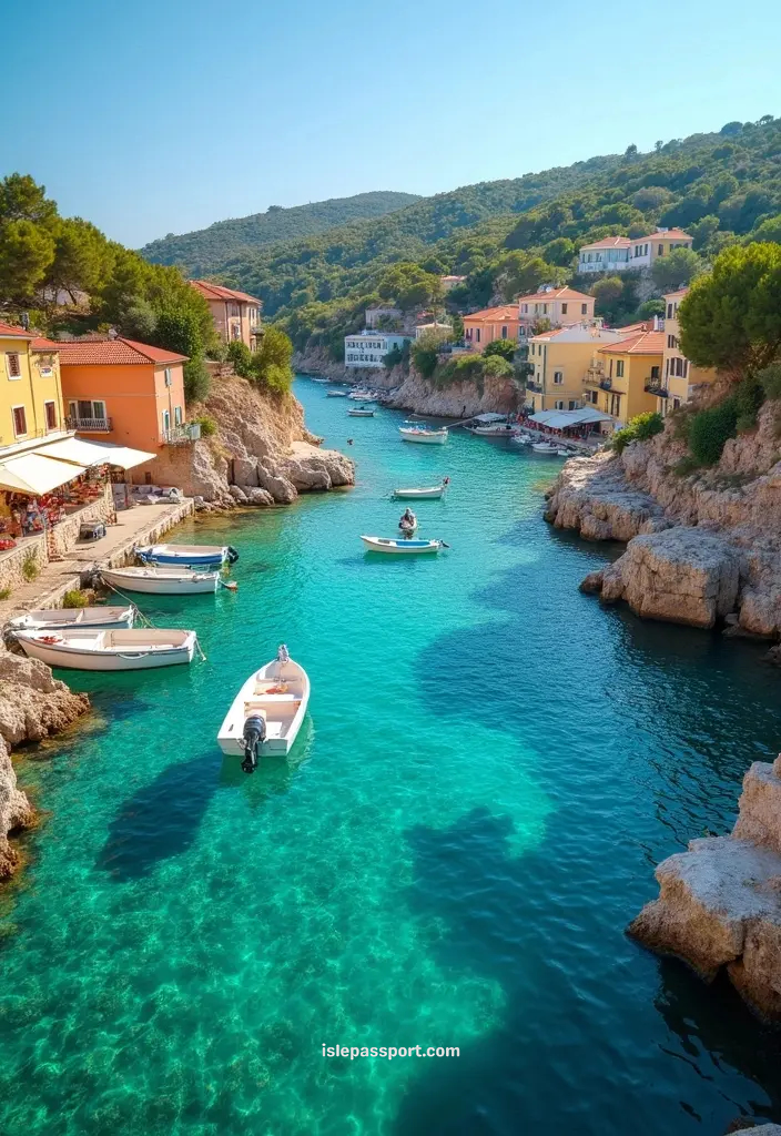 Turquoise harbor in Paxos with boats and colorful waterfront homes.
