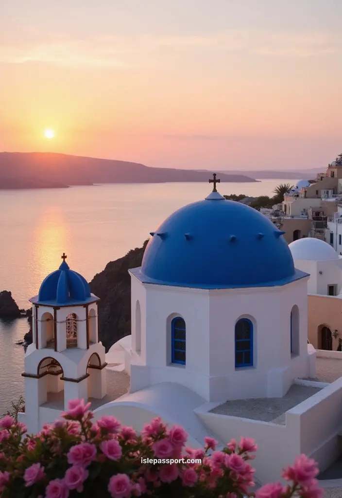 Blue-domed church in Santorini at sunset overlooking the caldera on a Greek island hopping itinerary.