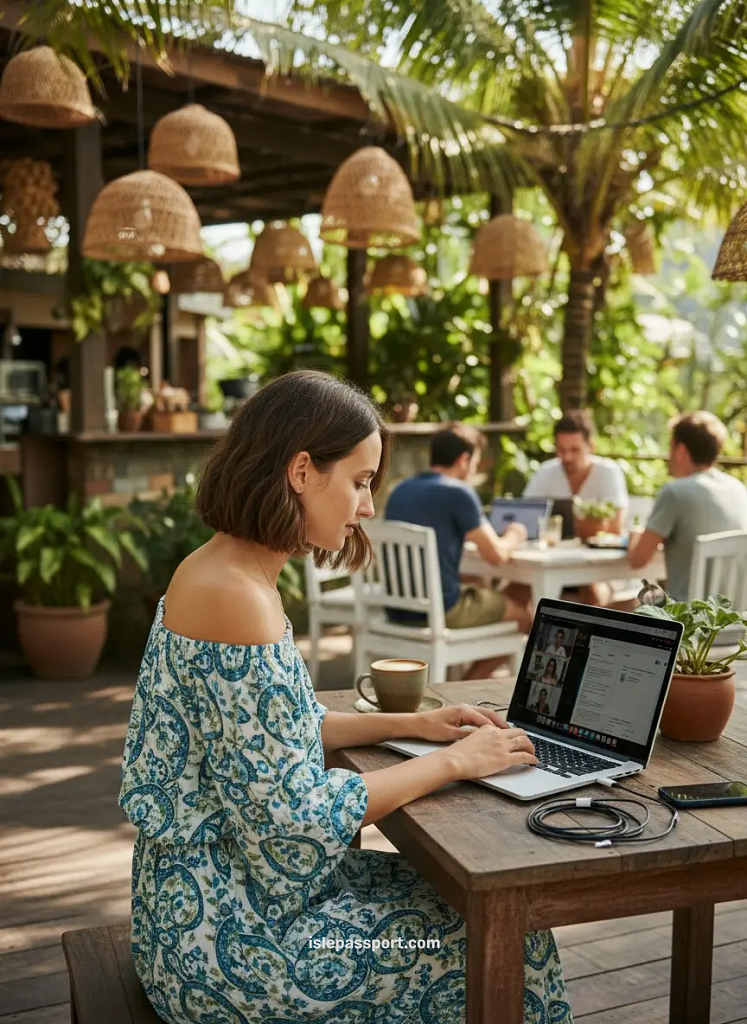 Open laptop on a wooden table in a tropical Bali café with plants, wicker lamps, and sunlight filtering through palms