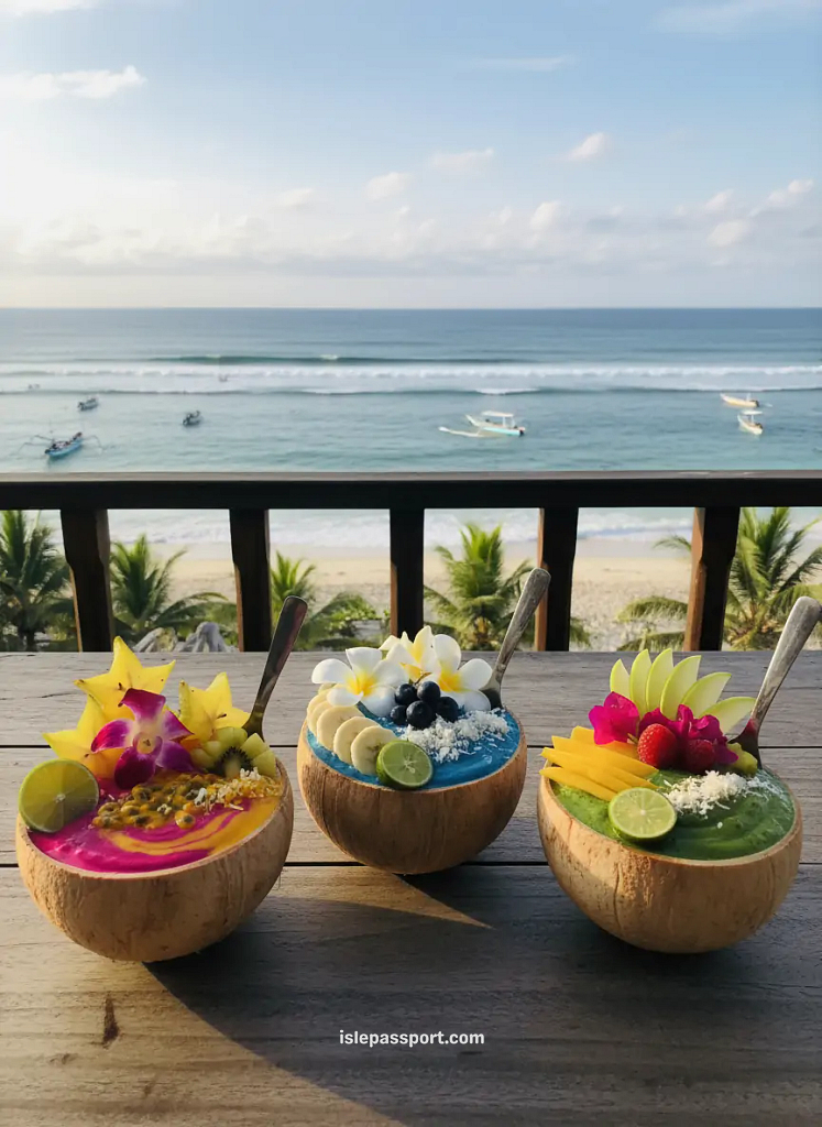 Colorful coconut smoothie bowls with tropical fruit served at a Bali beach café overlooking turquoise water