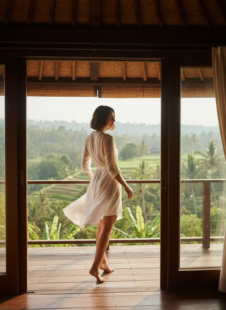 Woman standing on a wooden balcony overlooking Bali’s jungle and rice terraces during a peaceful tropical retreat