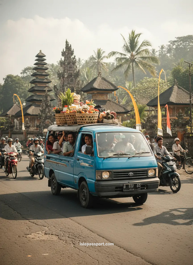 Blue Balinese public minivan driving past temples and palm trees