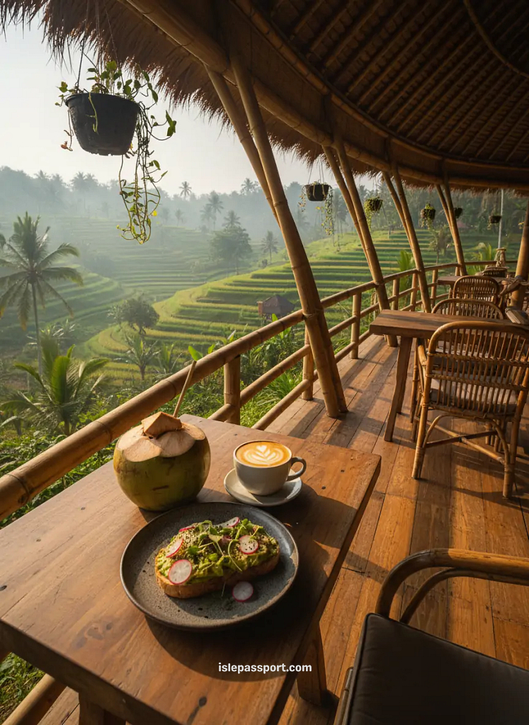 Open-air bamboo café serving breakfast with views of Bali’s lush rice terraces