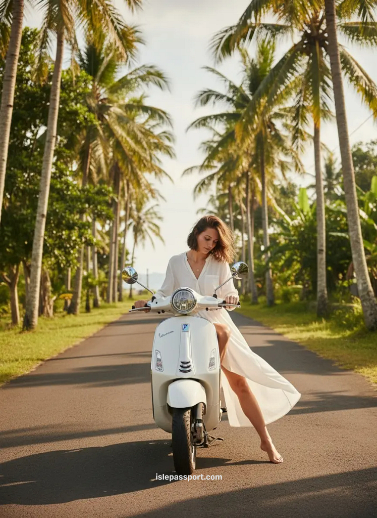 Woman sitting on a scooter at sunset on a palm-lined Bali road during an affordable island trip